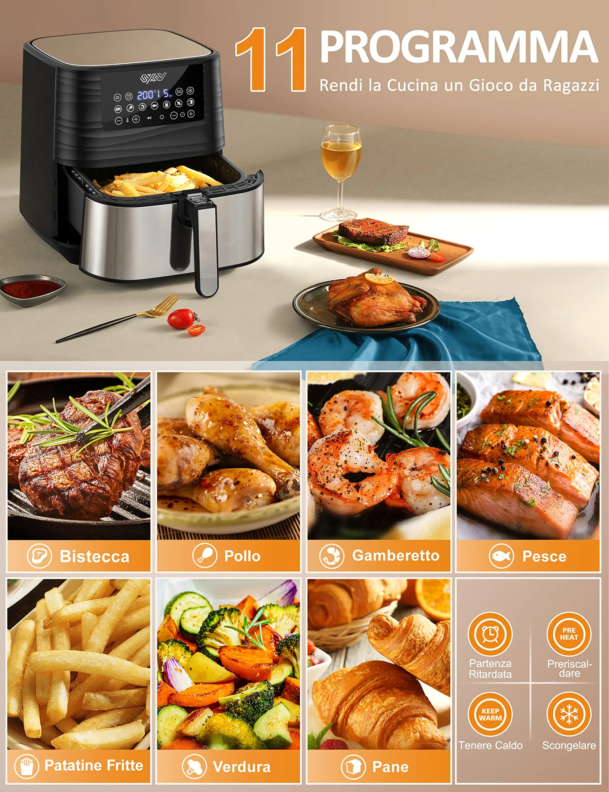 Innsky Friggitrice ad Aria 5,5 Litri, 1700W Friggitrice ad Aria Calda con 11 Programmi, Air Fryer con Funzione di Preriscaldamen