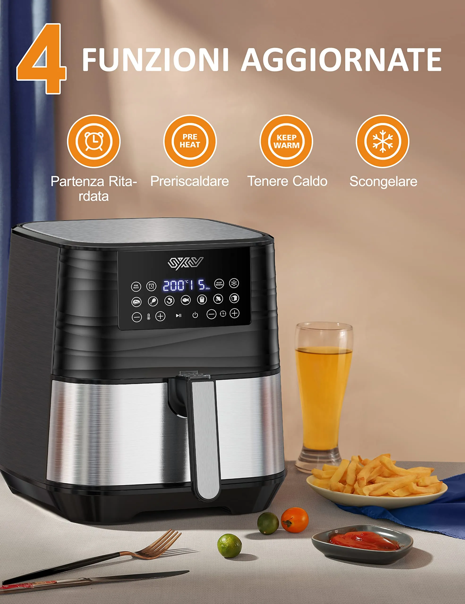 Innsky Friggitrice ad Aria 5,5 Litri, 1700W Friggitrice ad Aria Calda con 11 Programmi, Air Fryer con Funzione di Preriscaldamen