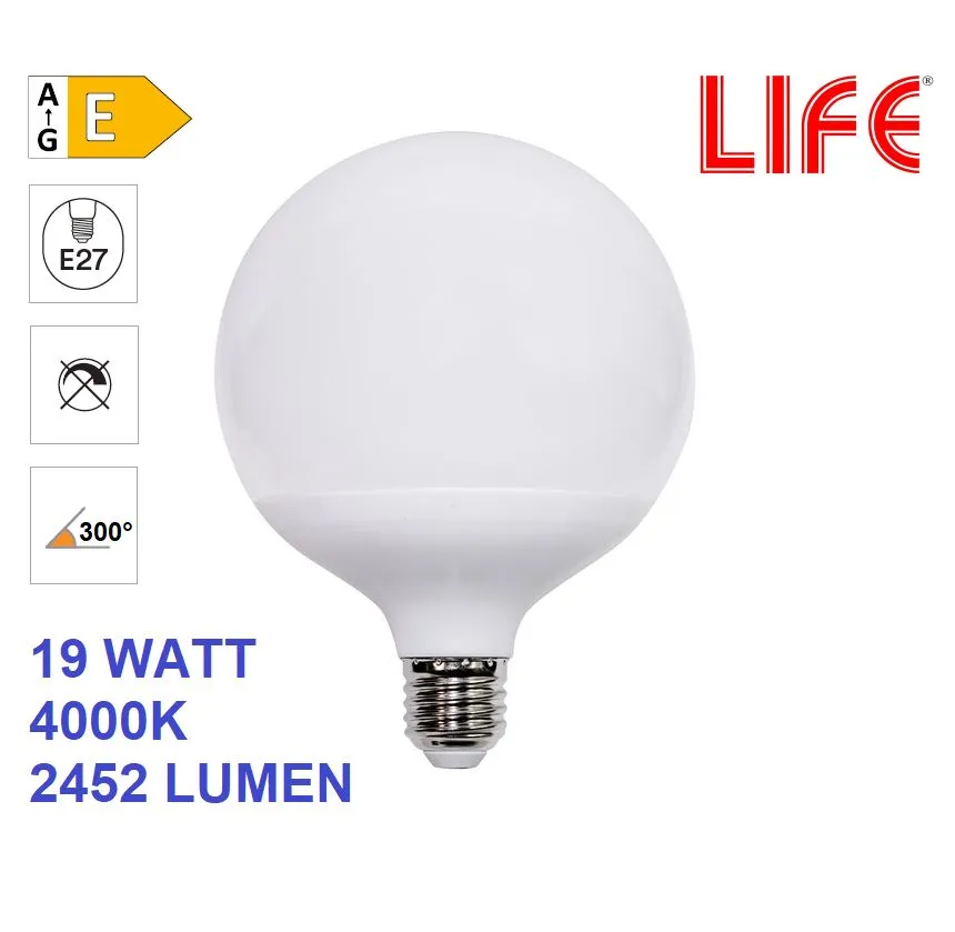 Lampadina LED E27 Globo G120 19W Luce Naturale 4000k 300° Life