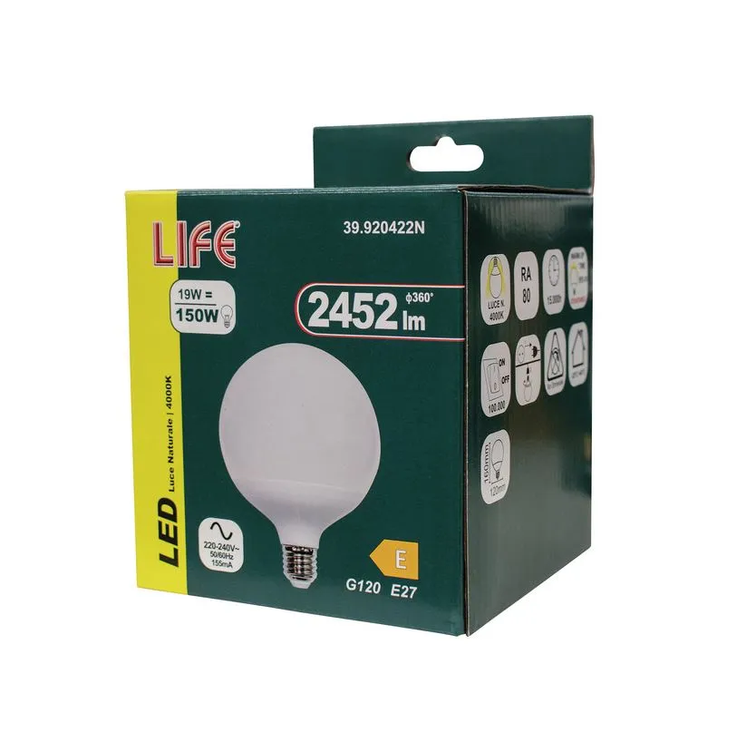 Lampadina LED E27 Globo G120 19W Luce Naturale 4000k 300° Life